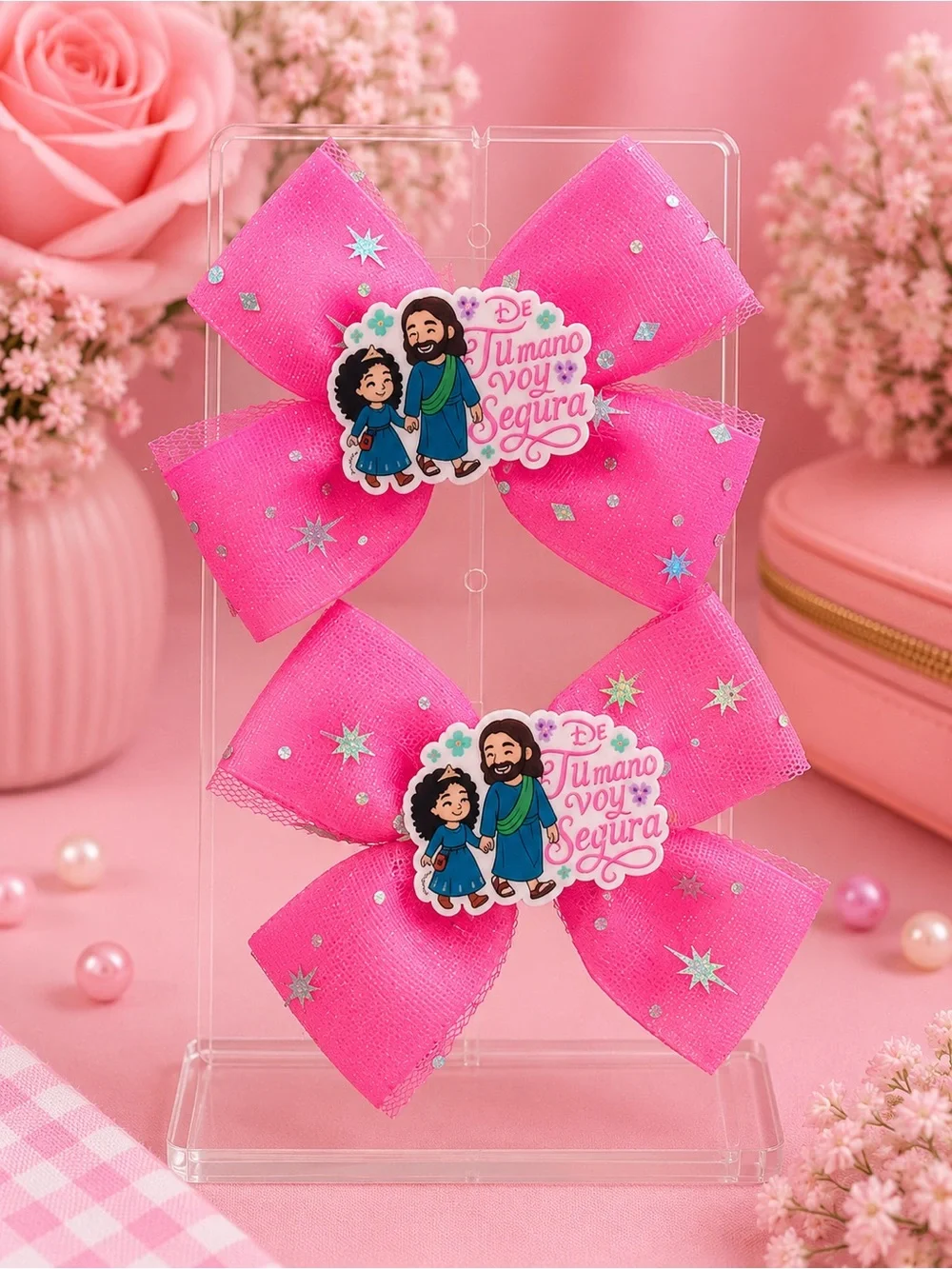 Pink Religious Bow Hair Clips for Girls - Set of 2